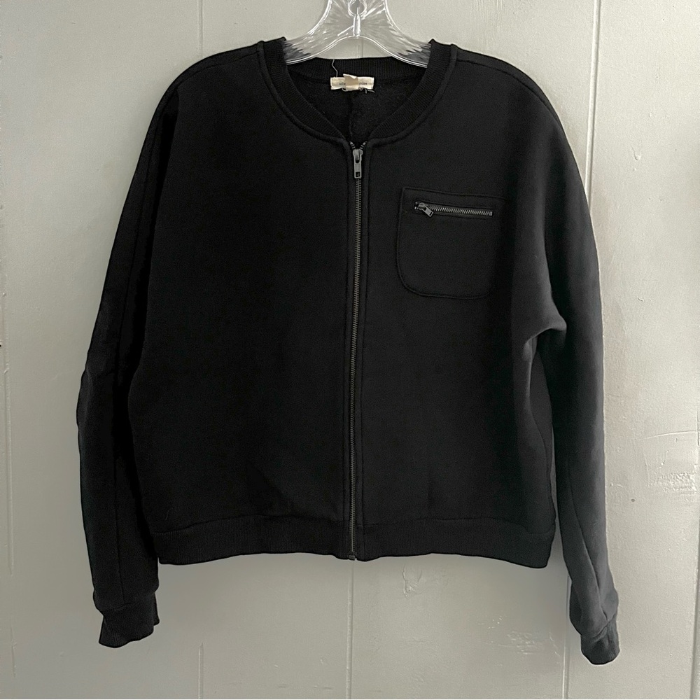 Silence + Noise Zip Up Cropped Black Fleece Jacket  Woman’s Sz S Zippered Pocket